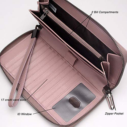 Bveyzi Women RFID Blocking Wallet Leather Zip Around Phone Clutch Large Capacity Ladies Travel Purse Wristlet - color: Dark Pink