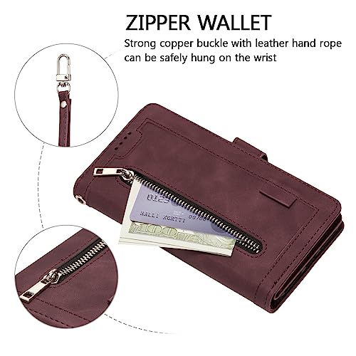 EYZUTAK Wallet Phone Case for Samsung Galaxy A15 4G/5G, Retro Matte 9 Card Holder Slots Zipper Pocket Handbag Case PU Leather Magnetic Closure Kickstand with Wrist Strap Flip Purse Case - Wine Red - color: Wine Red, size: Samsung Galaxy A15 4G/5G