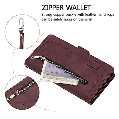 EYZUTAK Wallet Phone Case for Samsung Galaxy A15 4G/5G, Retro Matte 9 Card Holder Slots Zipper Pocket Handbag Case PU Leather Magnetic Closure Kickstand with Wrist Strap Flip Purse Case - Wine Red - color: Wine Red, size: Samsung Galaxy A15 4G/5G