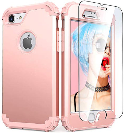 IDweel for iPhone 8 Case with Tempered Glass Screen Protector, for iPhone 7 Case, 3 in 1 Shockproof Slim Hybrid Heavy Duty Hard PC Cover Soft Silicone Bumper Full Body Case, Rose Gold - color: Rose Gold