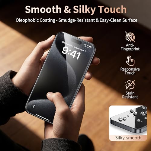2 Pack for iPhone 15 Pro Screen Protector, 9H+ Hardness Tempered Glass Full Edge Coverage, Military-Grade Shatter Protection, HD Clear & Sensitive Touch, Easy Installation - size: for iPhone 15 Pro