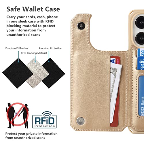 iCoverCase Compatible with iPhone 14 Pro Wallet Phone Case with Card Holder for Women, RFID Blocking Embossed PU Leather Wrist Strap Case 6.1 Inch (Macaron Gold) - color: P-Gold