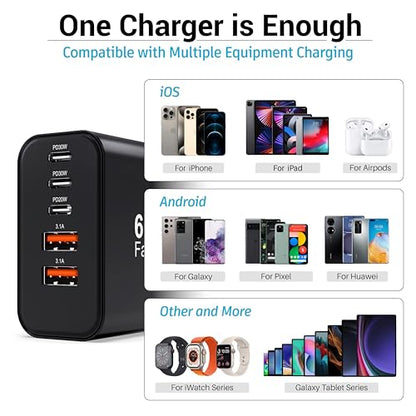 TZBAY 2-Pack USB C Charger Block, 60W 5 Ports Wall Charger Fast Charging - color: Black 2Pack