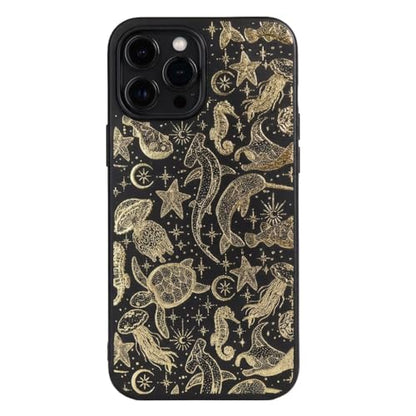 Phone Case compatible with iPhone 13 - Gold Sea Life Animal Protective Cover TPU Black Rubber Matte Aesthetic Golden Cover Cute Ocean Fish Trendy Turtle Seahorse Stingray Celestial Design Summer - color: Sea Life, size: iPhone 13