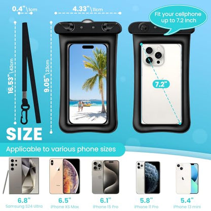 2 Pack Waterproof Floating Phone Pouch IPX8 Floatable Waterproof Phone Case with Lanyard Strap Universal Dry Bags Underwater Case Wallet for iPhone 17/Air16 15 14 13 12 Samsung,Up to 7.2" for Swimming - color: Blue+Black