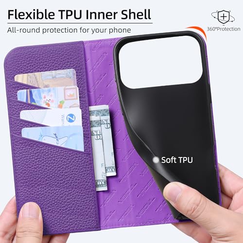 VISOUL Pebbled Leather Wallet Case for iPhone 17 Pro Max 6.9" 2025, Genuine Leather Flip Folio Cover with RFID Blocking Card Holders, Kickstand, Soft TPU Protective Flip Cover -Gray+Purple - color: Gray+Purple