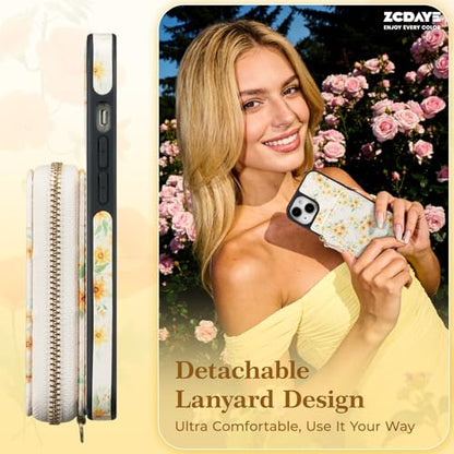 ZCDAYE Zipper Crossbody Wallet Case for iPhone 13/14, Sunflower | Flip Folio PU Leather, Practical Card Holder, Adjustable Lanyard Strap, RFID Blocking, Warm Sunflower Girly Phone Case - color: Sunflower, size: iPhone 13/14