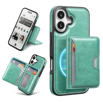 Antsturdy Compatible with MagSafe iPhone 17 Wallet Case,Blue Green | 2 in 1 Detachable Magnetic,Credit Card Holder Slots,RFID Blocking,PU Leather,Kickstand,Flip Folio Phone Cover for Men & Women - color: Blue Green, size: iPhone 17 - 6.3"