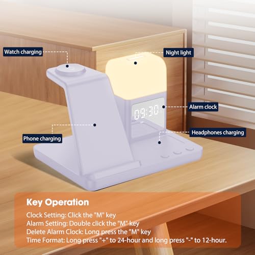 Wireless Charger for Samsung/Android, 6 in 1 Phone Nightstand Charging Station Charger with Alarm Clock/Night Light for Samsung S26/S25/S24 Ultra/Buds4,Watch Charger for Galaxy Watch 8/7/6/5 - color: Violet