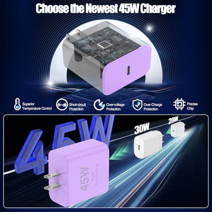 45W USB C Fast Charger for iPhone 17/ Air/16/15 Pro Max - color: Purple, size: 2Pack-10FT-iPhone15-17