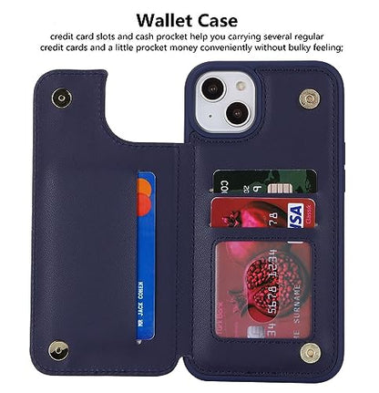 iCoverCase Compatible with iPhone 14 Case with Card Holder, Wallet Case for Women Men RFID Blocking PU Leather Protective Phone Case 6.1 Inch (Dark Blue) - color: Dark Blue