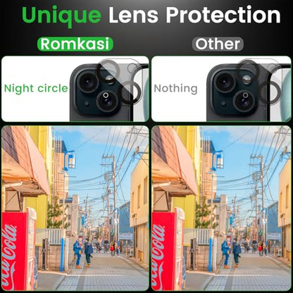 Romkasi 4 Pack Privacy Screen Protector for iPhone 15 Plus 6.7 Inch with 4 Pack Camera Lens Protector, Anti Spy Tempered Glass Film, Anti-Scratch, Touch Sensitive, Case Friendly - color: iPhone 15 Plus