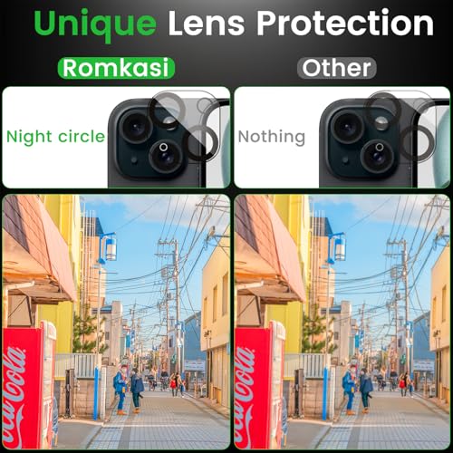 Romkasi 4 Pack Privacy Screen Protector for iPhone 15 Plus 6.7 Inch with 4 Pack Camera Lens Protector, Anti Spy Tempered Glass Film, Anti-Scratch, Touch Sensitive, Case Friendly - color: iPhone 15 Plus
