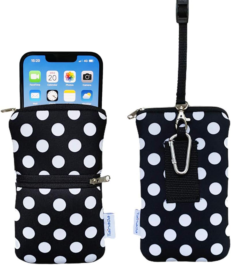 Tainada 2-Zip Neck Phone Pocket Bag w/Belt Loop (Black White Polka Dots) | For Men/Women; Water-resistant neoprene pouch, shockproof, lightweight, w/carabiner; Compatible with most of smartphones - color: Black White Polka Dots