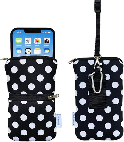 Tainada 2-Zip Neck Phone Pocket Bag w/Belt Loop (Black White Polka Dots) | For Men/Women; Water-resistant neoprene pouch, shockproof, lightweight, w/carabiner; Compatible with most of smartphones - color: Black White Polka Dots