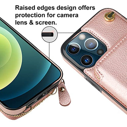 Bocasal Multi-Slot Crossbody Wallet Case for iPhone 12 Pro Max, Rose Gold | RFID Blocking PU Leather Purse Case with Card Holder, Handbag Flip Cover with Zipper Wrist Strap Lanyard for Women 6.7 Inch - color: Rose Gold
