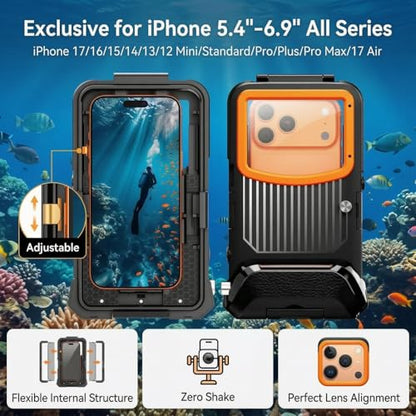 Underwater Phone Case for iPhone 17/Air/16/15 Pro Max, 50ft/15m Professional Scuba Snorkeling Diving Phone Case with Vacuum Seal & Mechanical Shutter, Housing with Compass, No Vignetting for Swimming - color: Dark