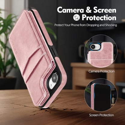 SkyEagle Compatible with MagSafe iPhone 17e / 16e Case Wallet,Pink | Magnetic Clasp,RFID Blocking,PU Leather,Flip Folio Shockproof Phone Cover,with Credit Card Slots & Kickstand for Men & Women - color: Pink