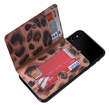ID Card Holder for Back of Phone Leather Phone Wallet Stick On with Stand Flip Waterproof Leather Adhesive Wallet for Most Cellphones (Leopard) - color: Leopard
