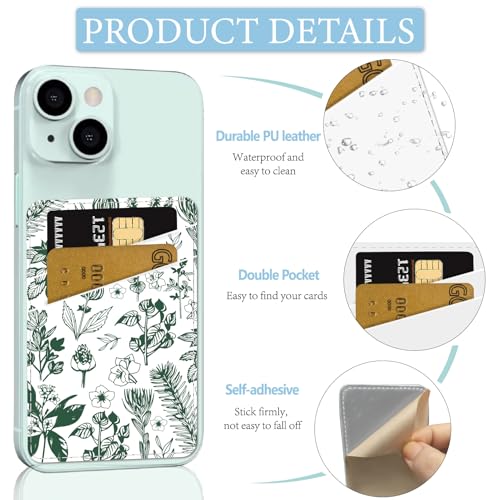 CREATCABIN Flower Phone Card Holder Leather Cell Phone Wallet Stick on Adhesive Credit Card Holder Slim Double Pocket Sticker for Back of Phone Case Compatible with Most Phones 3.7 x 2.5 Inch - style: Flower