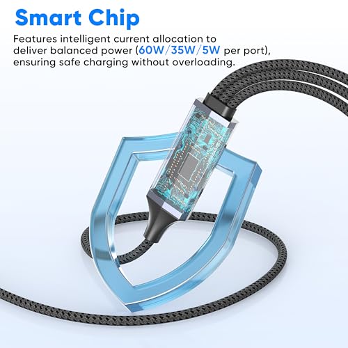 USB C to USB C 3 in 1 Multi Charging Cable 5FT, 100W Max Fast Charge USB C Splitter Charging Cable with 3 Type C Ports for iPhone 17/16/15 Series, Samsung Galaxy S25, iPad, MacBook Air/Pro, Lenovo