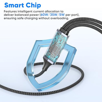 USB C to USB C 3 in 1 Multi Charging Cable 5FT, 100W Max Fast Charge USB C Splitter Charging Cable with 3 Type C Ports for iPhone 17/16/15 Series, Samsung Galaxy S25, iPad, MacBook Air/Pro, Lenovo