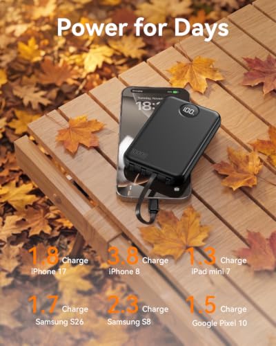 Portable Charger 10000mAh with 4 Built-in Cables 40% Smaller - color: Black