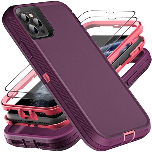 YKHJKLEC for iPhone 11 Pro Max Case, Military Grade 3 in 1 Heavy Duty Shockproof/Drop Proof/Dust Proof Case with 2Pcs Tempered Glass Screen Protector (Purple/Pink) - color: Purple/Pink