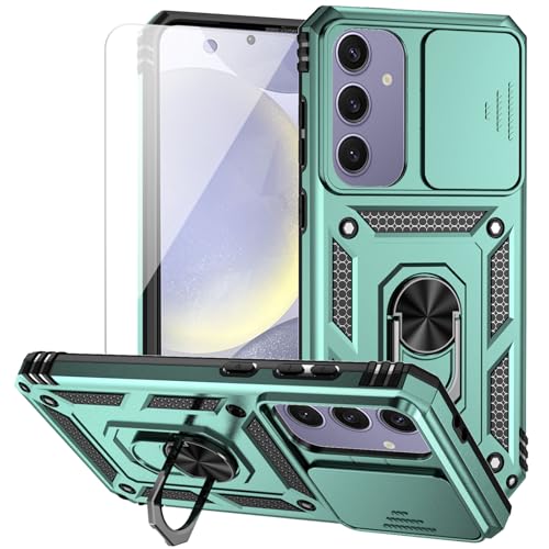 for Samsung Galaxy S24 FE Case with Camera Lens Cover HD Screen Protector, Dual Layer Military-Grade Drop Tested Magnetic Ring Holder Kickstand Protective Phone Case for Galaxy S24 FE (Dark Green) - color: Dark Green w/ camera cover Military-Grade 2nd gen