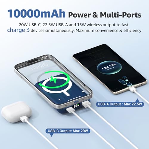 Azmuth for MagSafe Portable Charger, 10000mAh Magnetic Power Bank 20W PD | Fast Charging,Wireless Battery Pack with LED Display & Stand,Travel Essentials,for iPhone 17/16/15/14/13/12 Series - color: Blue