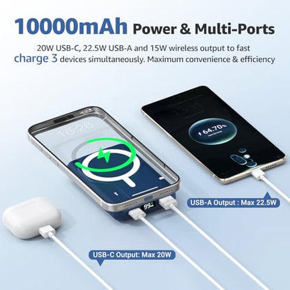 Azmuth for MagSafe Portable Charger, 10000mAh Magnetic Power Bank 20W PD | Fast Charging,Wireless Battery Pack with LED Display & Stand,Travel Essentials,for iPhone 17/16/15/14/13/12 Series - color: Blue