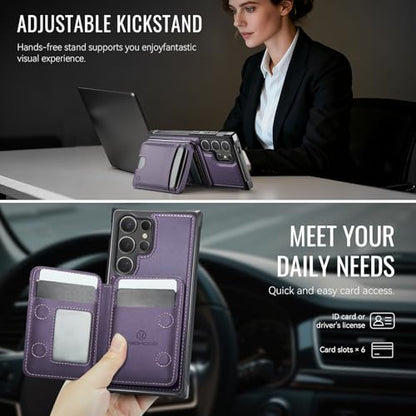 WJX for Samsung Galaxy S25 Ultra MagSafe Wallet Case, 2-in-1 Detachable Luxury Card Holder, Universal MagSafe Compatible, RFID Blocking, Shockproof Kickstand Slim Cover，Grape Purple - color: Grape purple, size: Galaxy S25 Ultra