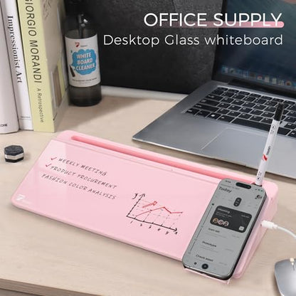 TOWON Glass Desk Whiteboard 17x6 in, Wireless Charger and Storage, Pink - color: Charger Pink