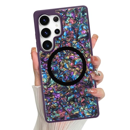 Magnetic for Samsung Galaxy S25 Ultra Case Abalone Shell, Elegant Purple | Glossy Mother of Pearl Design, Compatible with Magsafe, Sturdy Shockproof Protective Phone Cover - color: Elegant Purple, size: for Samsung Galaxy S25 Ultra