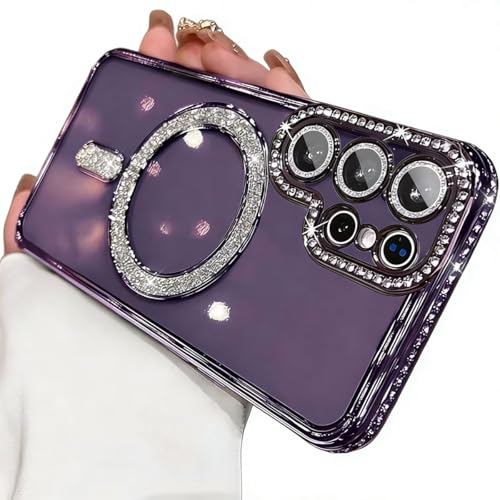 for Samsung Galaxy S26 Ultra Clear Glitter Case Magnetic, [Compatible with MagSafe] Women Cute Bling Diamond Sparkly Case Camera Lens Protectors Plating Cover for Galaxy S26 Ultra, Purple - color: Purple