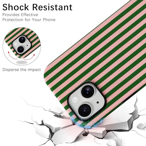 Skyseaco Compatible with iPhone 15 Case with MagSafe, Cute Striped Phone Case for Women Girls, Soft TPU + Hard PC Dual Layer Shockproof Glossy Protective Cover, Pink and Green - color: Pink and Green, size: iPhone 15