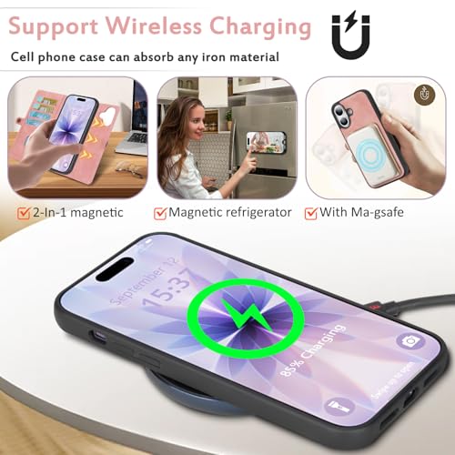 for Wallet Case Compatible with iPhone 17,Multi-Function Detachable 2 in 1 Magnetic iPhone 17 Case Wallet,Flip Strap Zipper Card Holder Phone Case with Shoulder Straps (Pink) - color: Pink, size: iPhone 17