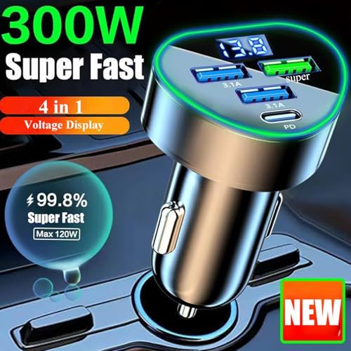 4 in 1 Multi Port USB C Car Phone Charger Adapter with Voltage Display, QC4.0/PPS/AFC Super Fast Cigarette Lighter USB Charge with Volt Meter for iPhone Galaxy Android Phones