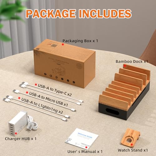 Bamboo Charging Station with 5 Port Charger HUB & 5 Cables- Natural + Black - color: Natural + Black