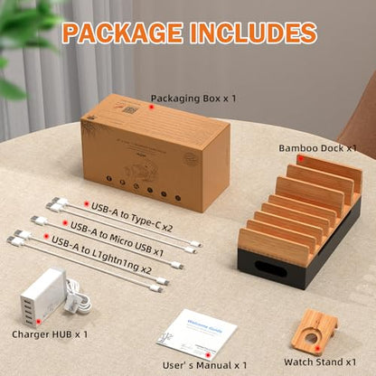 Bamboo Charging Station with 5 Port Charger HUB & 5 Cables- Natural + Black - color: Natural + Black