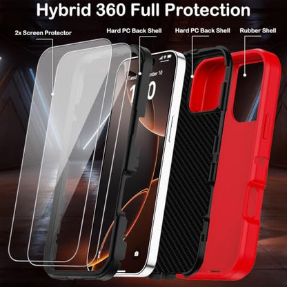 for iPhone 16 Pro Case with Screen Protector,Built-in Invisible Kickstand,Heavy Duty Shockproof Drop Protection Military Grade Tri-Layer Rugged Durable Cell Phone Cover for Apple 16 Pro 6.3"(Red) - color: Red