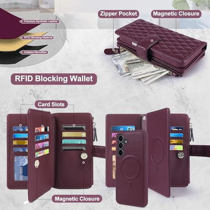 Harryshell Detachable Wallet Case for Samsung Galaxy S25 FE Compatible with Magsafe RFID Blocking Card Slots Removable Phone Cover Zipper Purse Kickstand Wrist Strap for Men Women Quilted Burgundy - color: Quilted Burgundy
