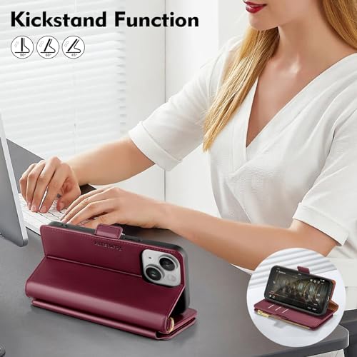 Antsturdy for iPhone 14 Plus Phone Wallet Case Women,Wine Red | RFID Blocking,with Credit Card Holder Slots,PU Leather Purse,Zipper Pocket,Wrist Strap Kickstand,Flip Folio Cover for Men - color: Wine Red