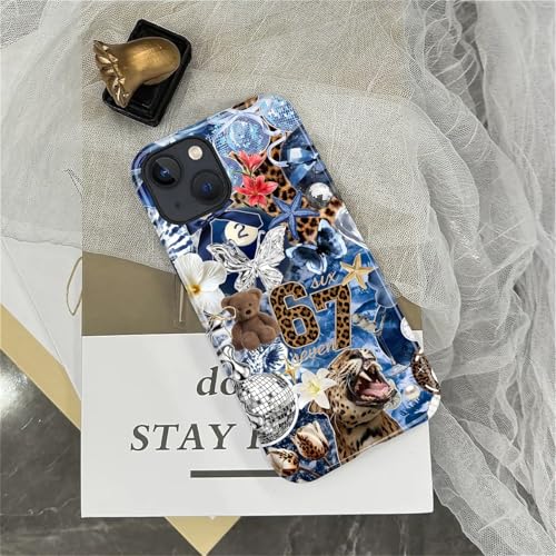 Case for iPhone 15, Cute Phone Case, Blue Leopard Collage | Hybrid 2-Layer Phone Cover，Military-Grade Protection Durable Shockproof Anti-Scratch Cases - color: Blue Leopard Collage, size: Iphone 15