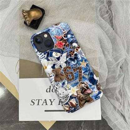 Case for iPhone 15, Cute Phone Case, Blue Leopard Collage | Hybrid 2-Layer Phone Cover，Military-Grade Protection Durable Shockproof Anti-Scratch Cases - color: Blue Leopard Collage, size: Iphone 15