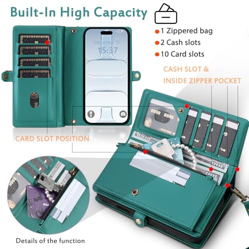 for Wallet Case Compatible with iPhone 17 Air,Multi-Function Detachable 2 in 1 Magnetic iPhone 17 Air Case Wallet,Flip Strap Zipper Card Holder Phone Case with Shoulder Straps (Green) - color: Green, size: iPhone 17Air
