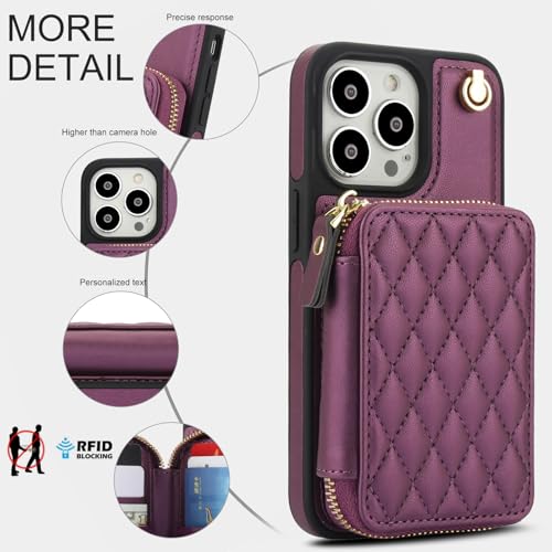 Phone Case for iPhone 14 Pro 6.1 inch Wallet Cell Cover with Tempered Glass Screen Protector Wrist Strap RFID Blocking Card Holder iPhone14Pro 5G i i-Phone i14 iPhone14 4 14Pro Women Girls Dark Purple - color: Dark Purple