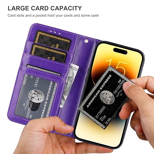 Bocasal Detachable Wallet Case Card Holder for iPhone 15, Purple | RFID Blocking Kickstand Card Slots Holder PU Leather Magnetic Shockproof Wrist Strap Removable Flip Protective Cover 6.1 inch - color: Purple