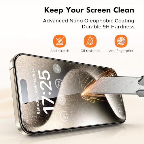 UNBREAKcable 4-Pack iPhone 15 Pro Screen Protector, 9H Hardness | 9H tempered glass | 99.99% HD clarity | Double Shatterproof|alignment frame easy install | case-friendly - size: iPhone 15 Pro