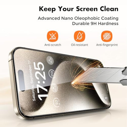 UNBREAKcable 3-Pack Screen Protector for iPhone 15 Pro Tempered Glass | Shatterproof, Easy Install, 9H Hardness, 99.99% HD Clear, Bubble-Free, Anti-Fingerprint, Scratch Resistant, Case Friendly - size: iPhone 15 Pro